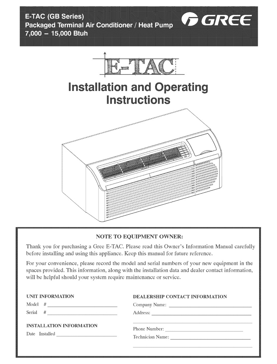 GREE ETAC INSTALLATION AND OPERATION INSTRUCTIONS MANUAL Pdf Download