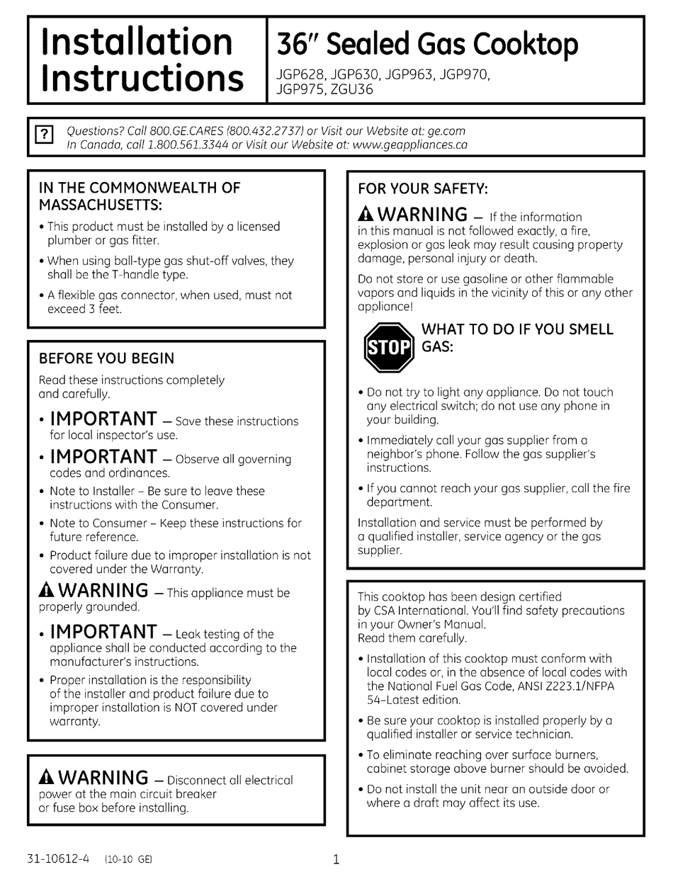 GE JGP628 INSTALLATION INSTRUCTIONS MANUAL Pdf Download ManualsLib