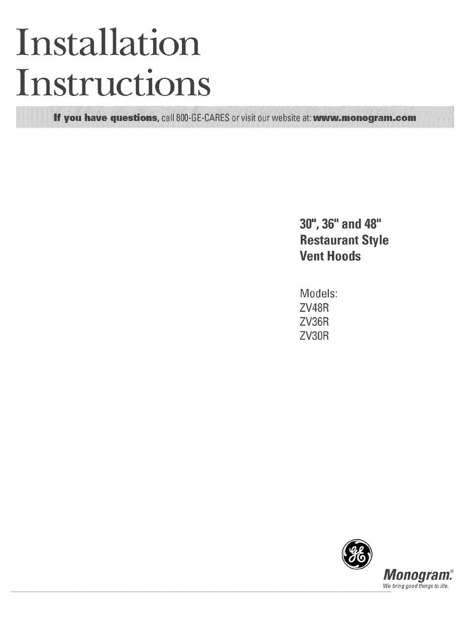 GE MONOGRAM ZV30R INSTALLATION INSTRUCTIONS MANUAL Pdf Download ManualsLib
