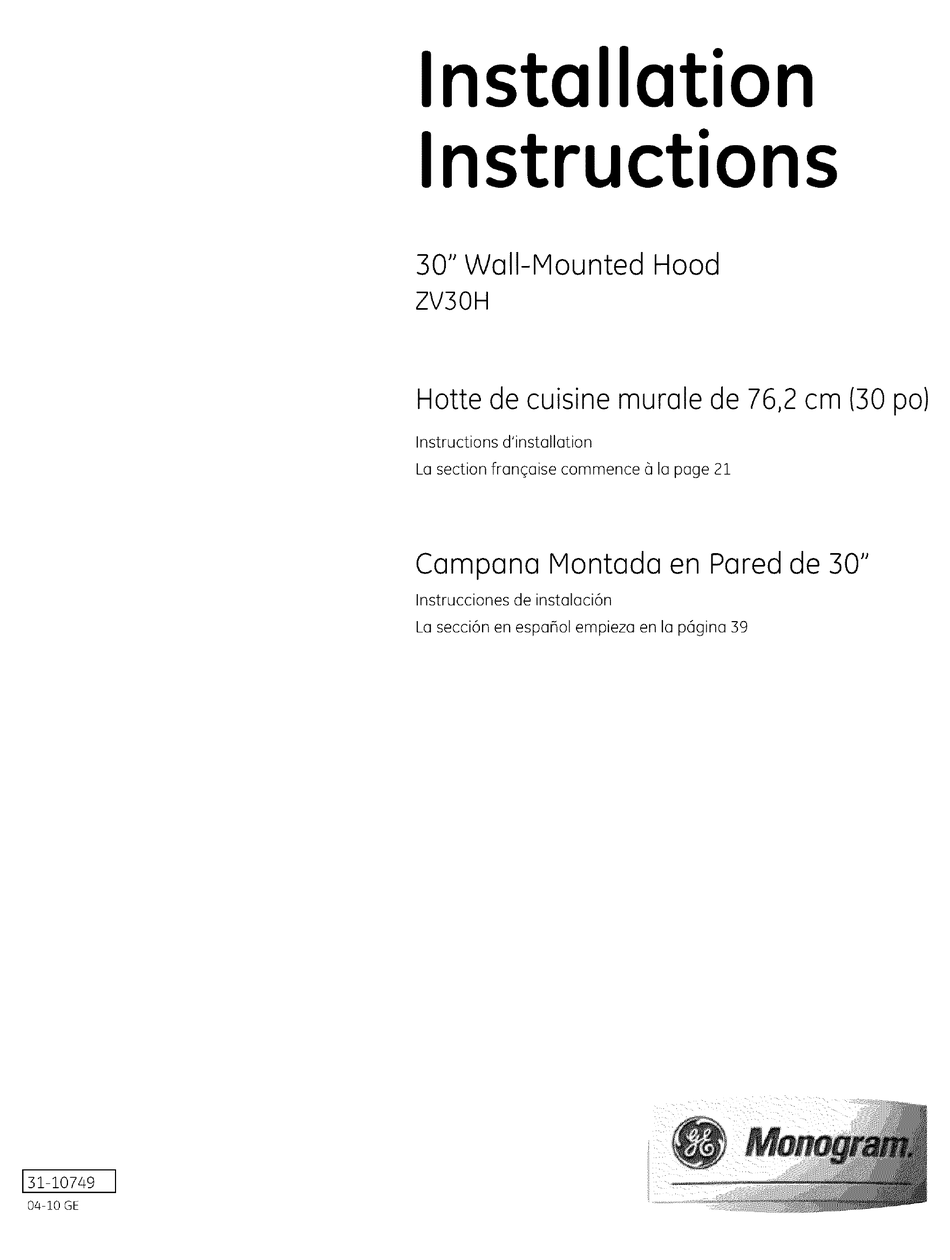 GE MONOGRAM ZV30H INSTALLATION INSTRUCTIONS MANUAL Pdf Download ManualsLib