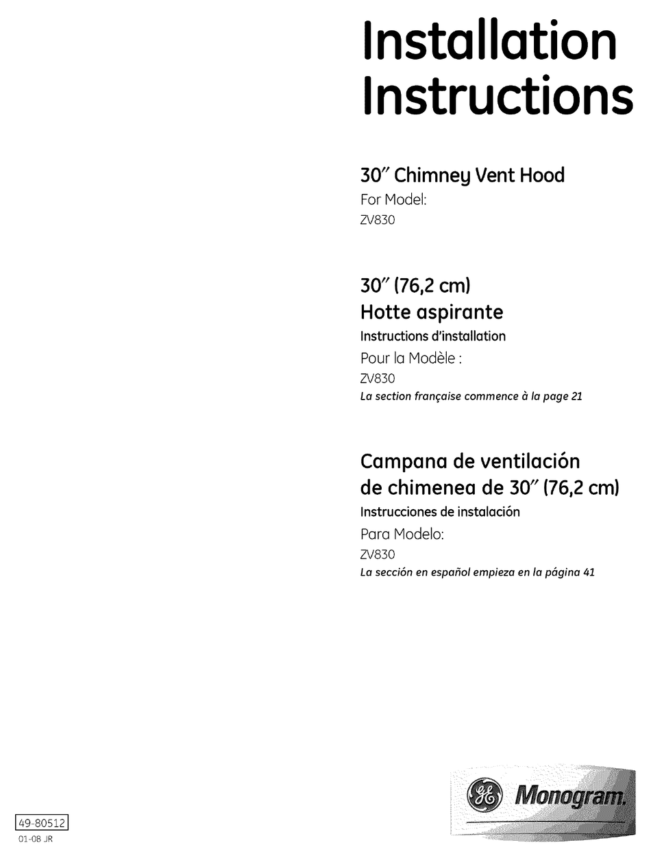 GE MONOGRAM ZV830 INSTALLATION INSTRUCTIONS MANUAL Pdf Download ManualsLib