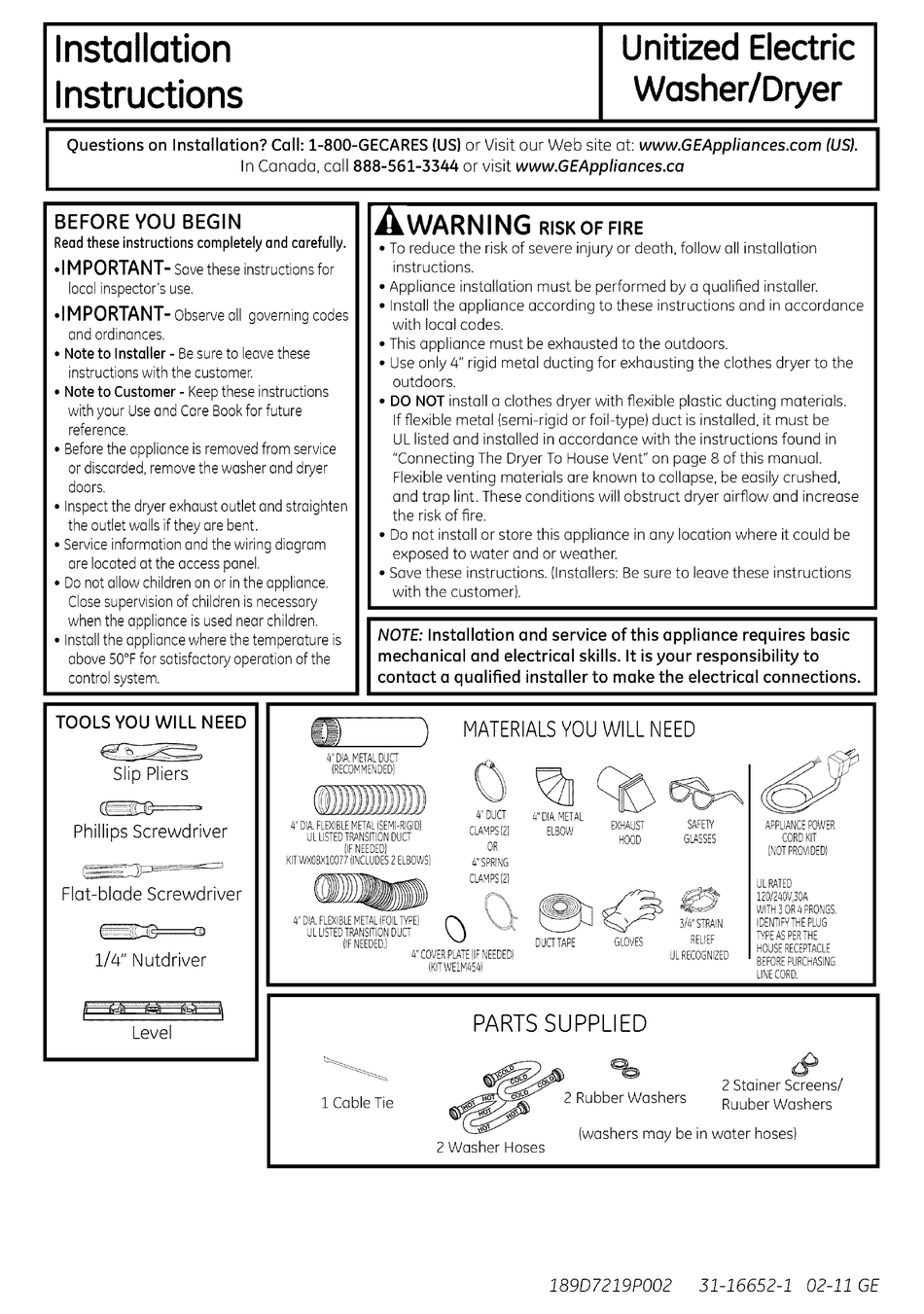 GE GTUP270EM1WW INSTALLATION INSTRUCTIONS MANUAL Pdf Download | ManualsLib