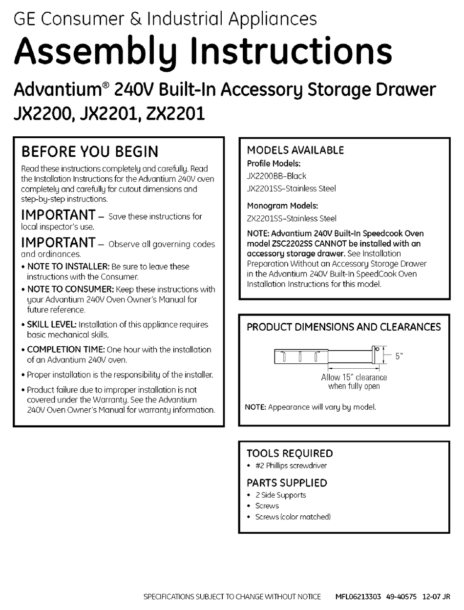 GE ADVANTIUM JX2200 ASSEMBLY INSTRUCTIONS Pdf Download ManualsLib