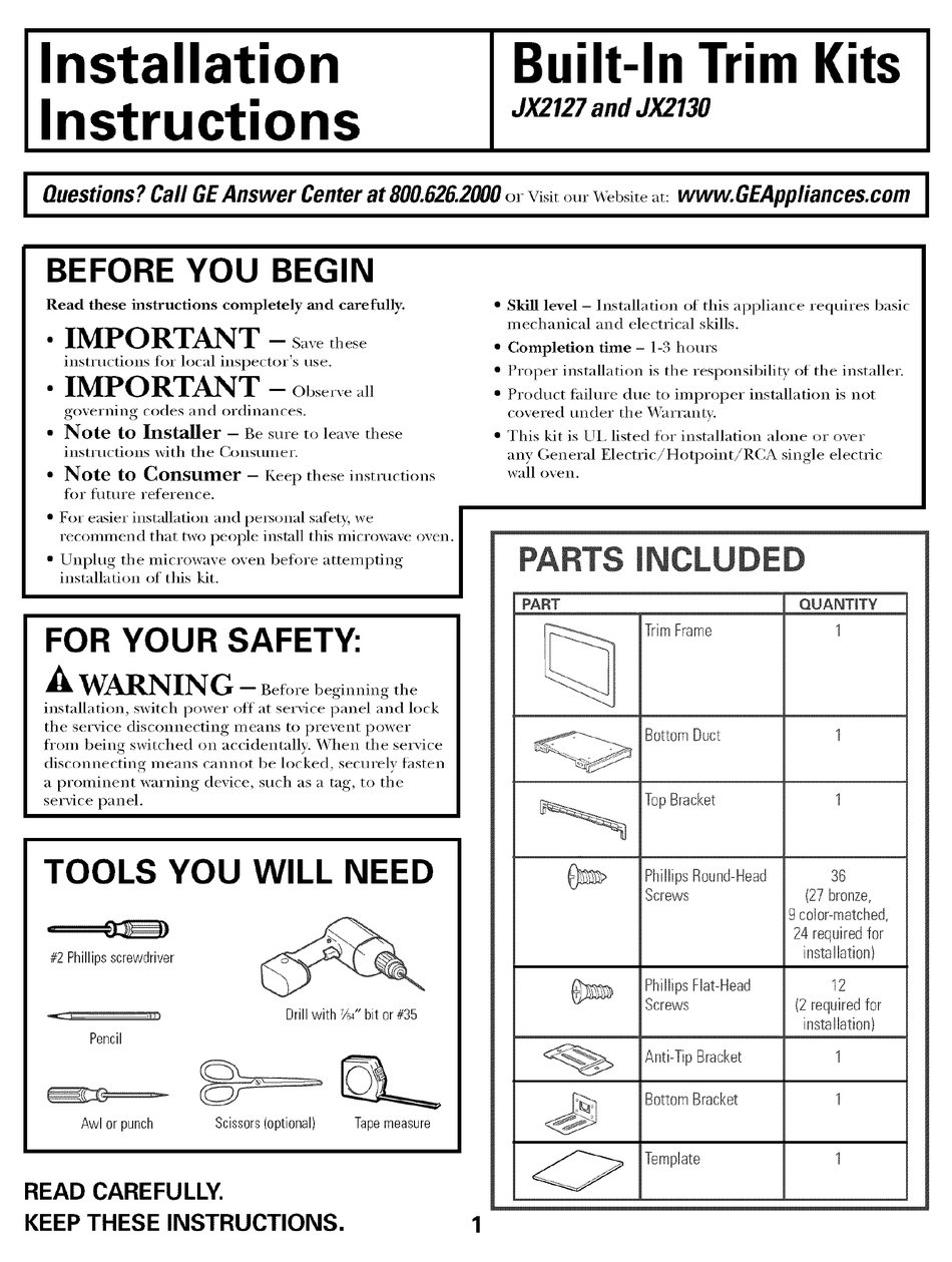 GE JX2127 INSTALLATION INSTRUCTIONS Pdf Download | ManualsLib