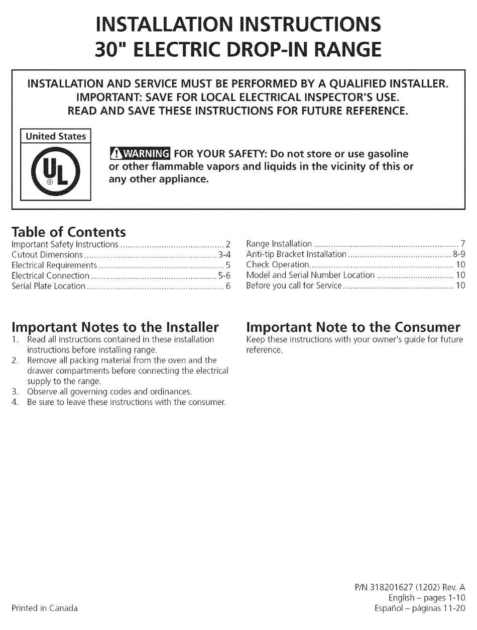 FRIGIDAIRE FFED3015PWA INSTALLATION INSTRUCTIONS MANUAL Pdf Download