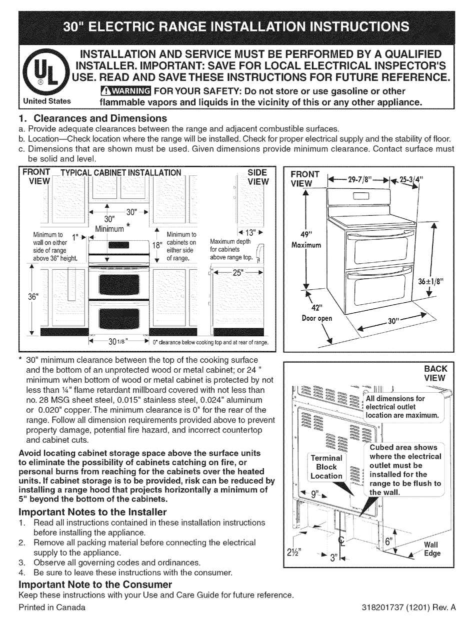 FRIGIDAIRE FGEF308TNFB INSTALLATION INSTRUCTIONS MANUAL Pdf Download