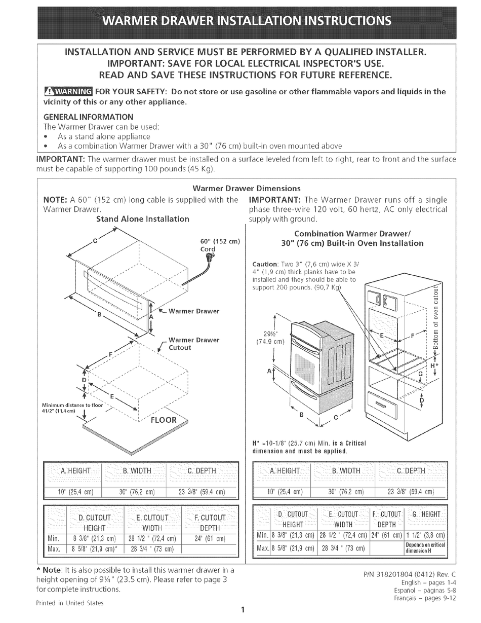 FRIGIDAIRE PLEW30S3DCA INSTALLATION INSTRUCTIONS MANUAL Pdf Download ...