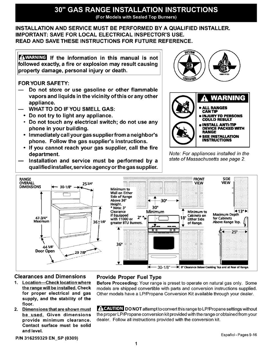 FRIGIDAIRE FGF366ASD INSTALLATION INSTRUCTIONS MANUAL Pdf Download