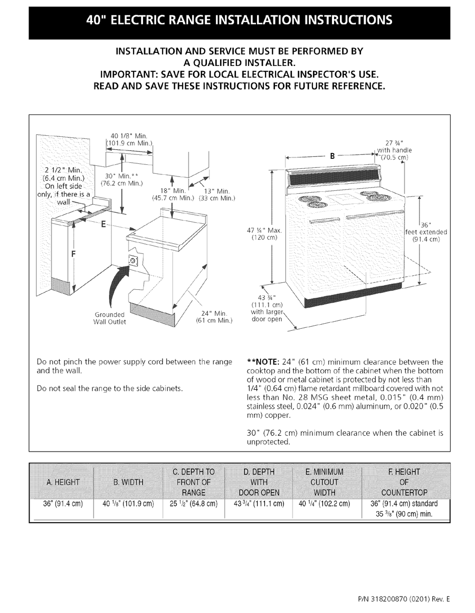 FRIGIDAIRE FFEF4015LWB INSTALLATION INSTRUCTIONS MANUAL Pdf Download