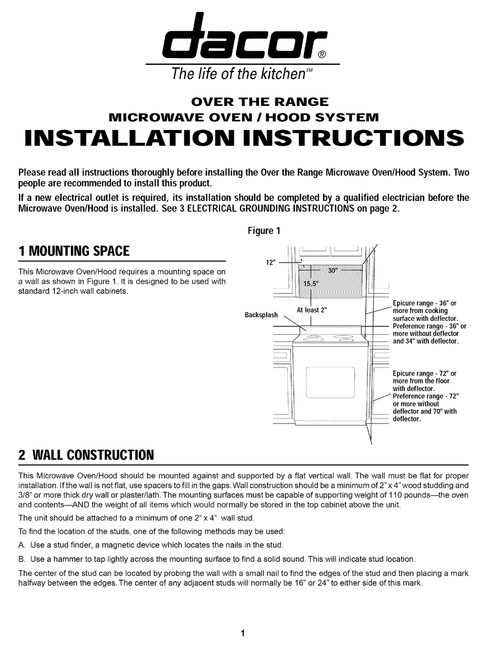 DACOR PCOR30S INSTALLATION INSTRUCTIONS MANUAL Pdf Download ManualsLib