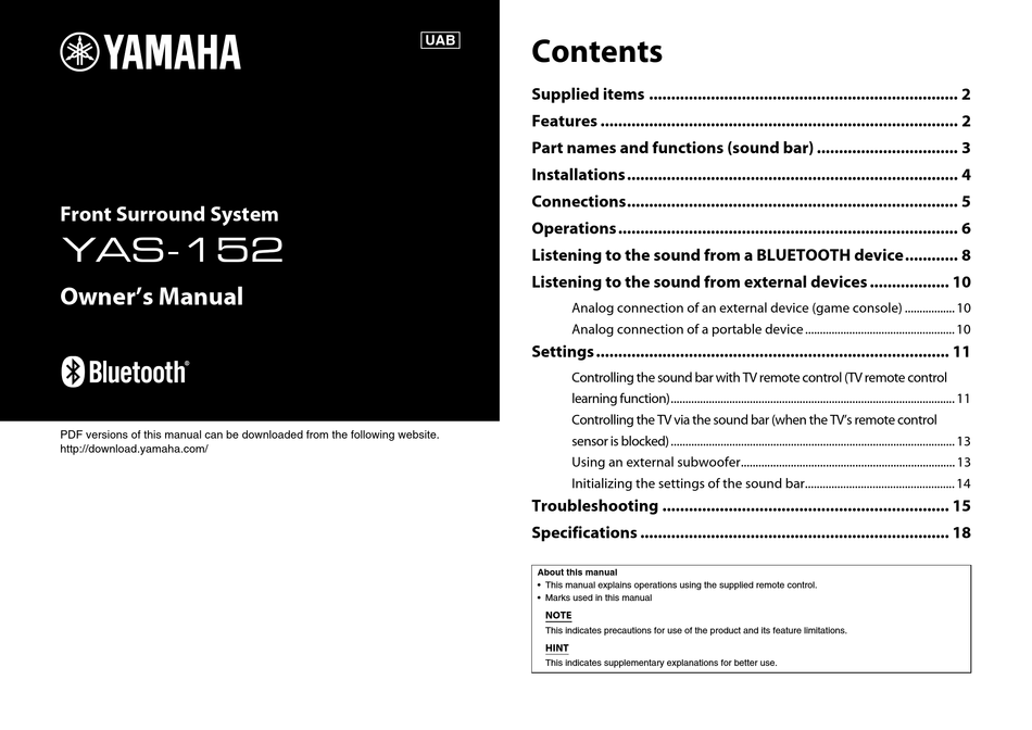 YAMAHA YAS-152 OWNER'S MANUAL Pdf Download | ManualsLib
