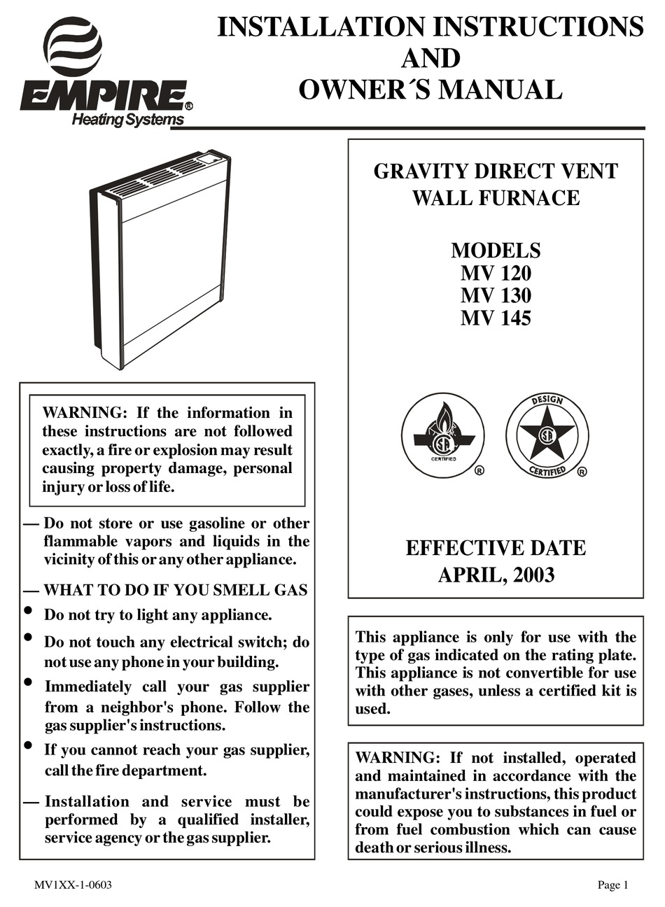 EMPIRE HEATING SYSTEMS MV 120 INSTALLATION INSTRUCTIONS AND OWNER'S MANUAL  Pdf Download | ManualsLib