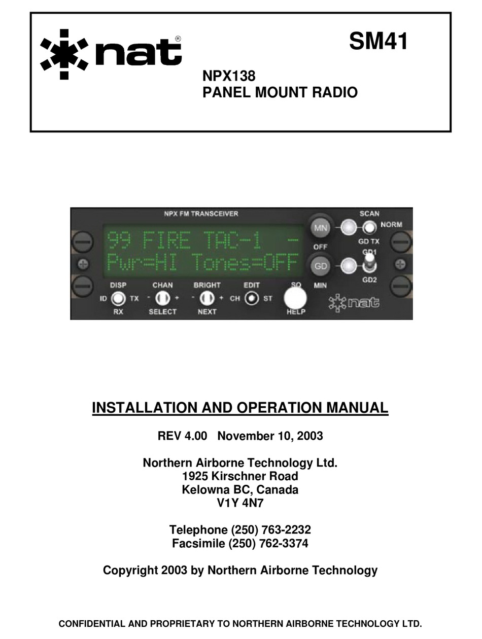 NORTHERN AIRBORNE TECHNOLOGY NPX138 INSTALLATION AND OPERATION MANUAL
