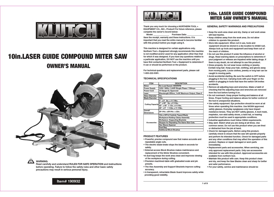 Replacement Parts - Klutch 62249 Owner's Manual [Page 12]
