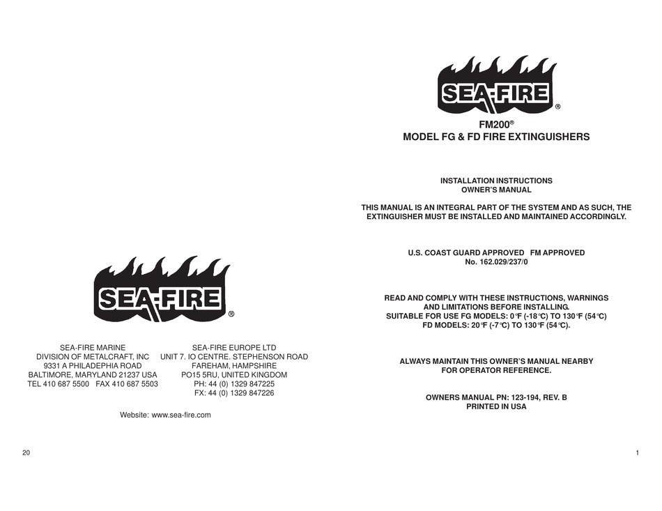Sea Fire Fm0 Fg Installation Instructions Owner S Manual Pdf Download Manualslib