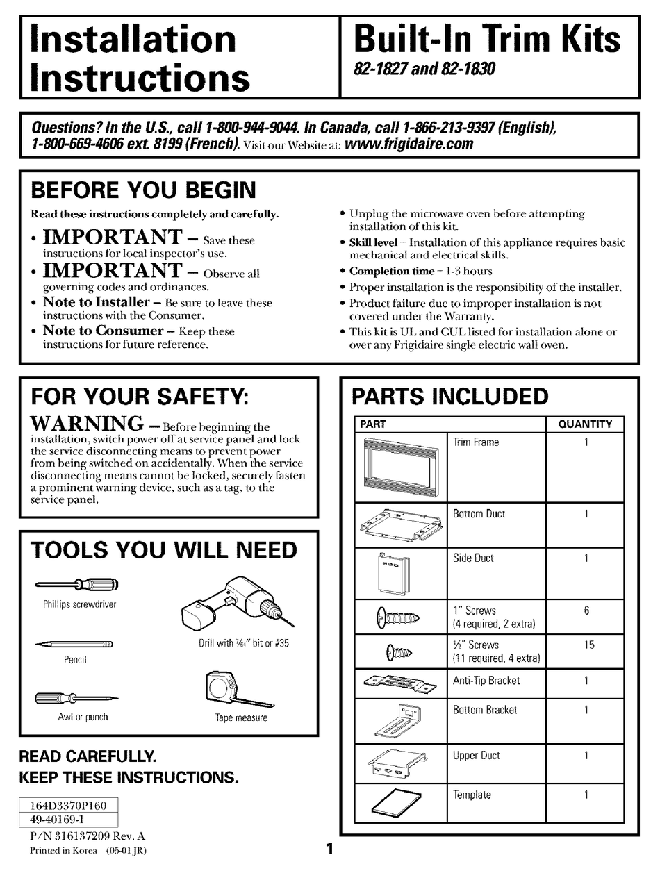 FRIGIDAIRE GLMB186CB1 INSTALLATION INSTRUCTIONS Pdf Download | ManualsLib