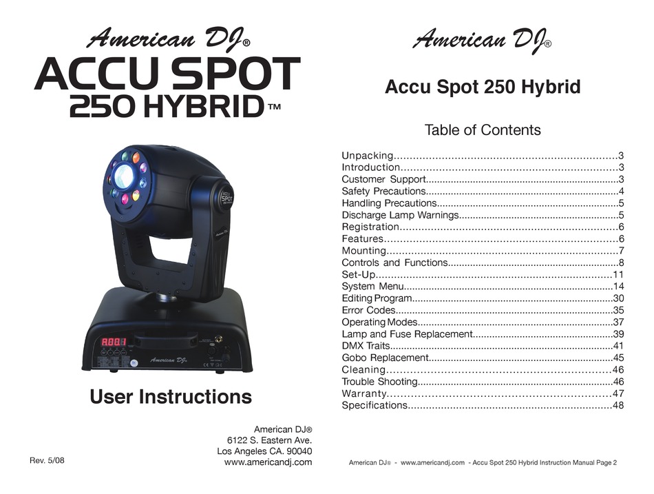 American Dj Accu Spot 250 Hybrid User Instructions Pdf Download Manualslib