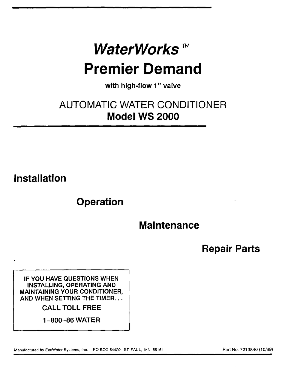 ECOWATER WATERWORKS WS 2000 INSTALLATING AND OPERATION MANUAL Pdf