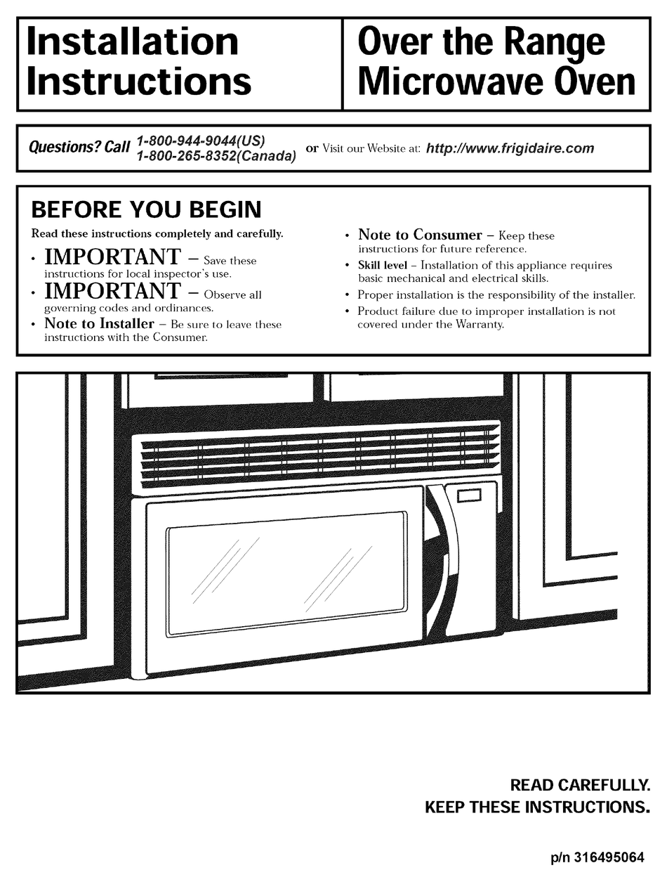 FRIGIDAIRE MMV150KBA INSTALLATION INSTRUCTIONS MANUAL Pdf Download