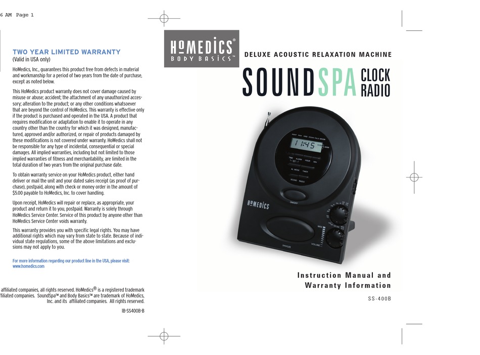 HOMEDICS SOUND SPA SS-400B INSTRUCTION MANUAL AND WARRANTY INFORMATION