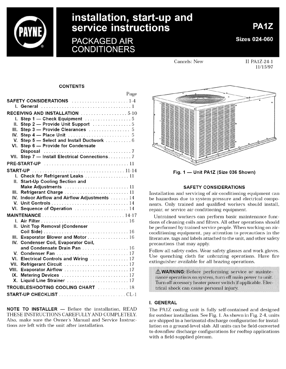 PAYNE PA1Z030 INSTALLATION, START-UP AND SERVICE INSTRUCTIONS MANUAL