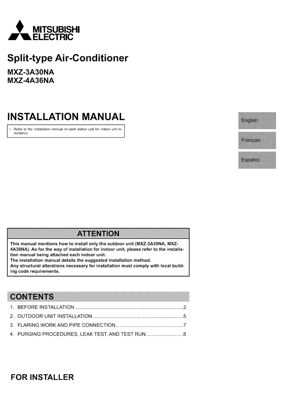 MITSUBISHI ELECTRIC MXZ3A30NA INSTALLATION MANUAL Pdf Download ManuaLib