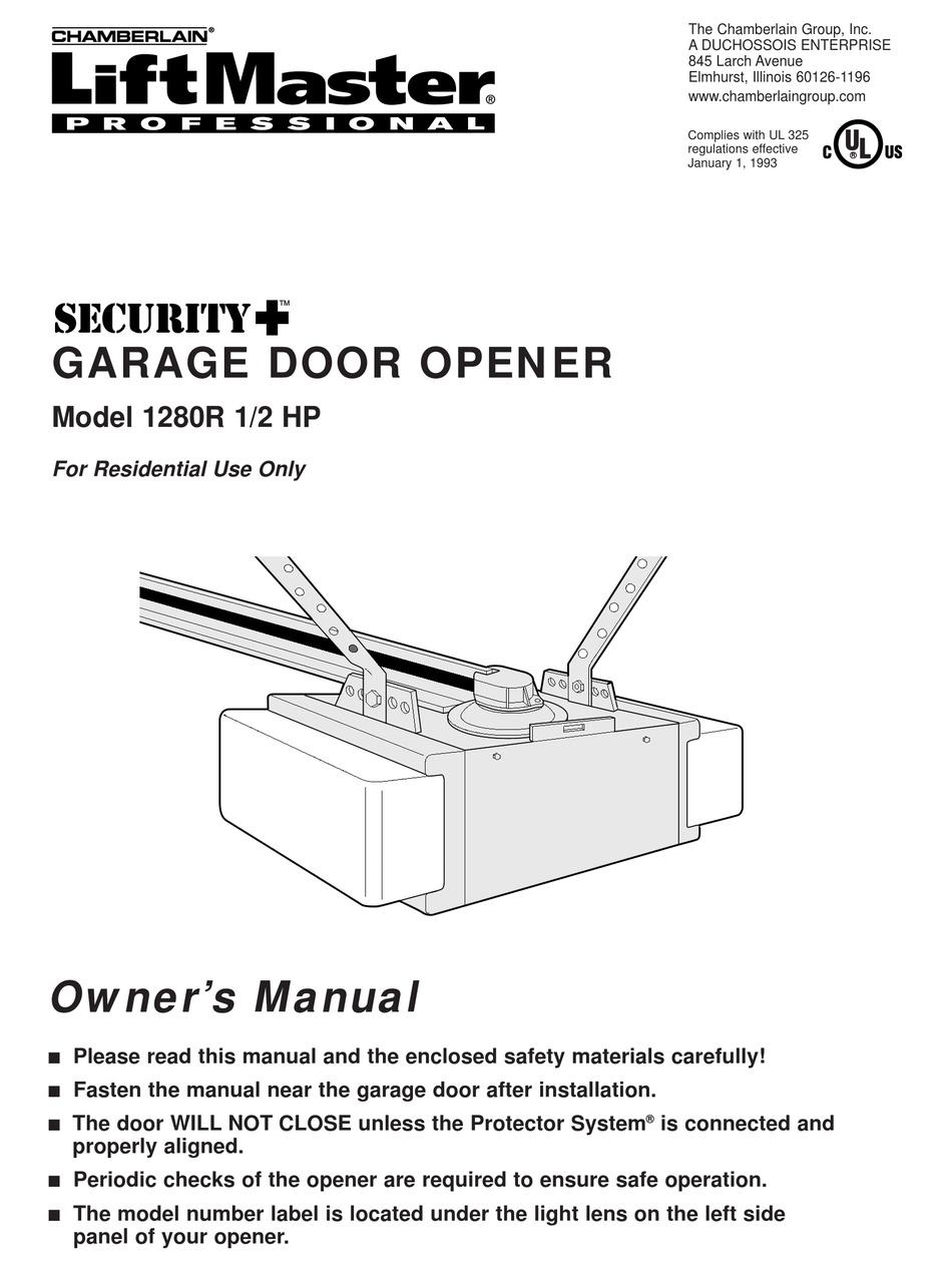 Liftmaster 1 2 Hp Security Plus Garage Door Opener Manual - Chamberlain Liftmaster Security 1280r 1 2 Hp