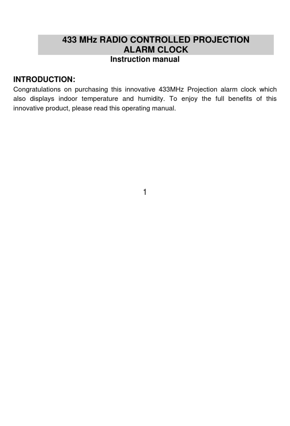 LA CROSSE TECHNOLOGY 433 MHZ RADIO CONTROLLED PROJECTIONALARM CLOCK