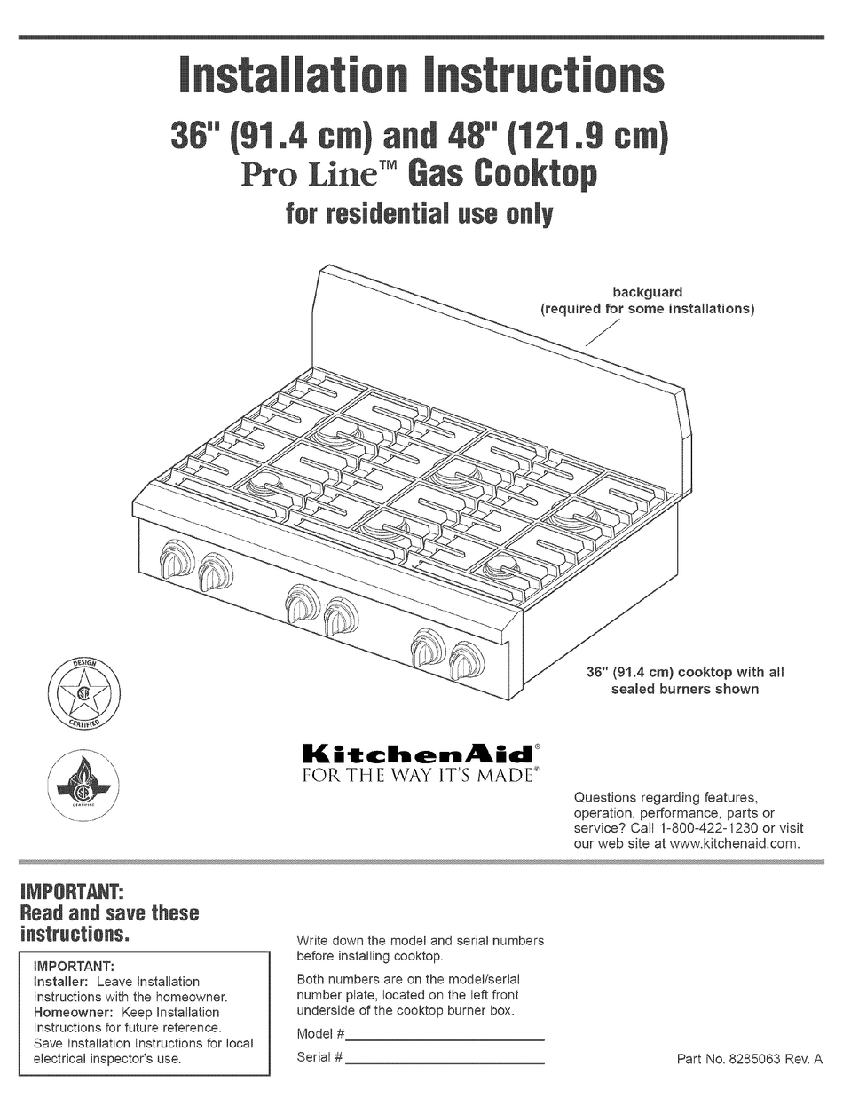 KITCHENAID PRO LINE KGCP453K INSTALLATION INSTRUCTIONS MANUAL Pdf
