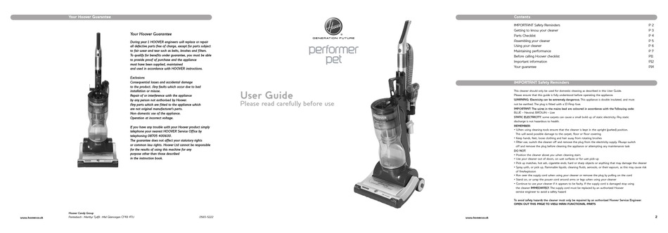 HOOVER PERFORMER PET USER MANUAL Pdf Download | ManualsLib