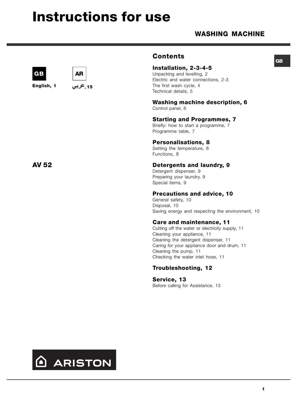 ARISTON AV 52 INSTRUCTIONS FOR USE MANUAL Pdf Download | ManualsLib