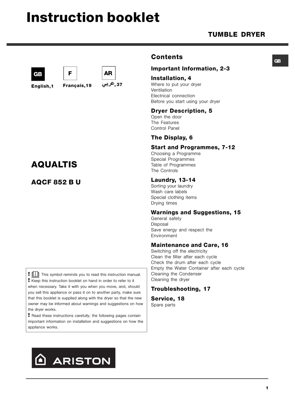 ARISTON AQUALTIS AQCF 852 B U INSTRUCTION BOOKLET Pdf Download | ManualsLib