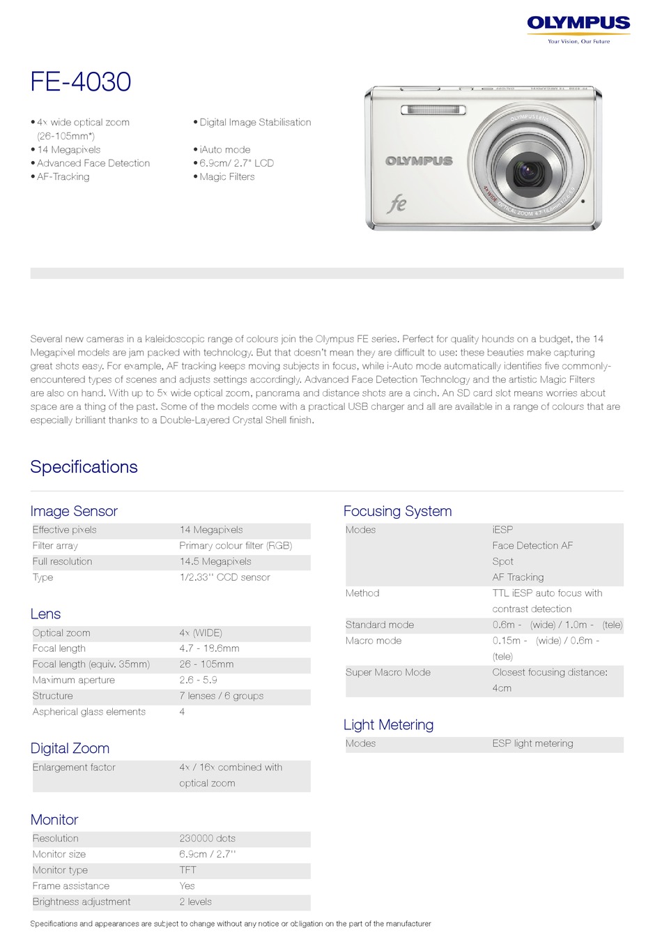 Olympus Fe 4030 Specifications Pdf Download Manualslib