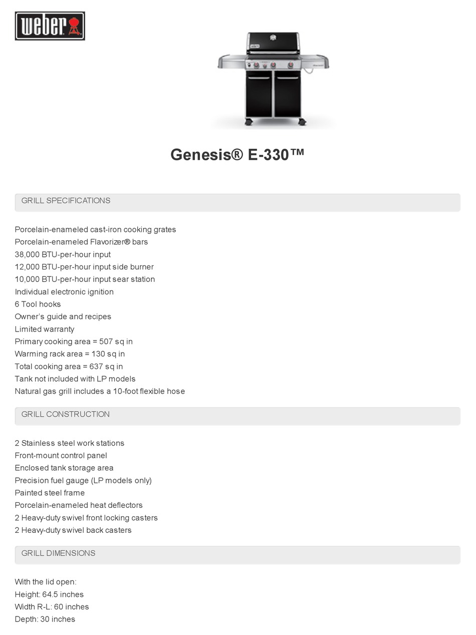 WEBER GENESIS E330 SPECIFICATIONS Pdf Download ManualsLib