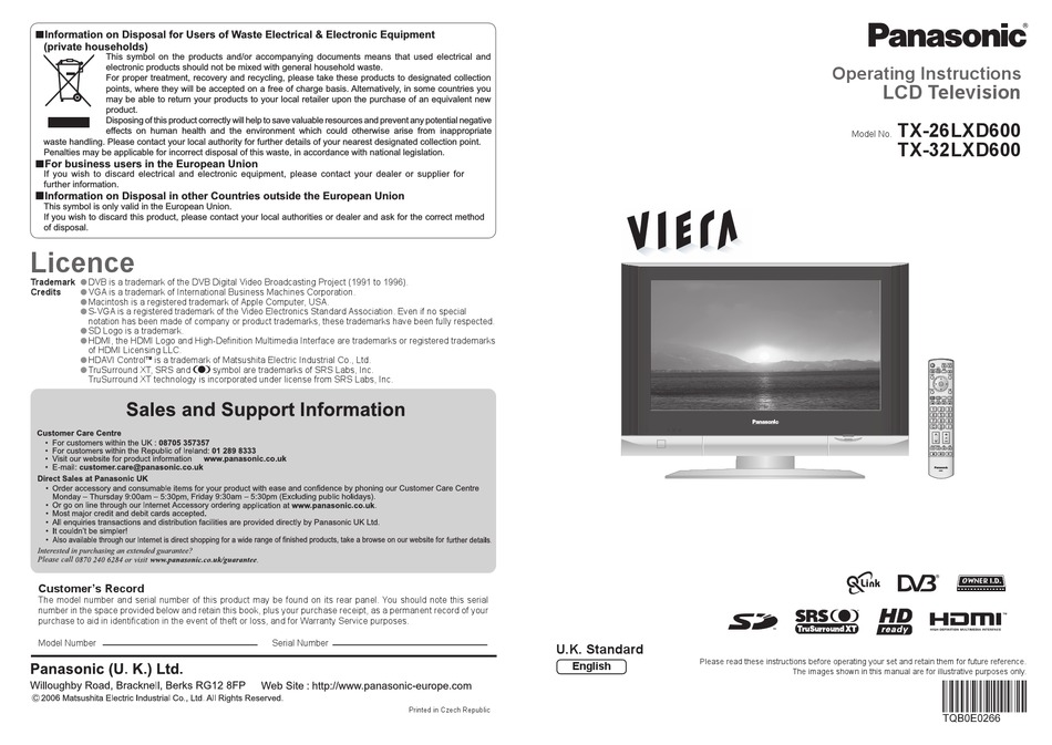 Panasonic Viera Tx 26lxd600 Operating Instructions Manual Pdf Download Manualslib
