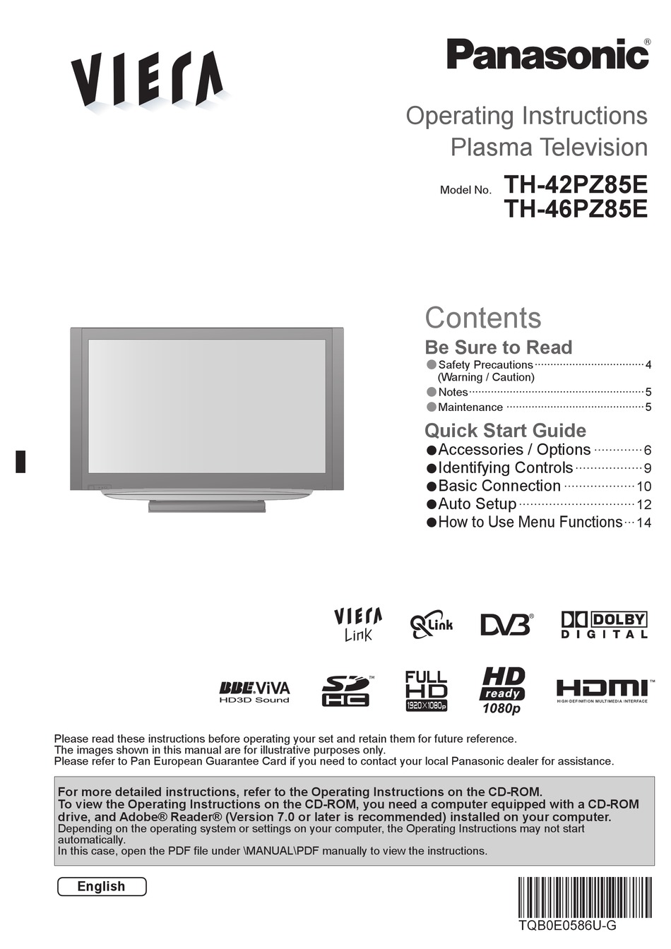 PANASONIC VIERA TH42PZ85E OPERATING INSTRUCTIONS MANUAL Pdf Download