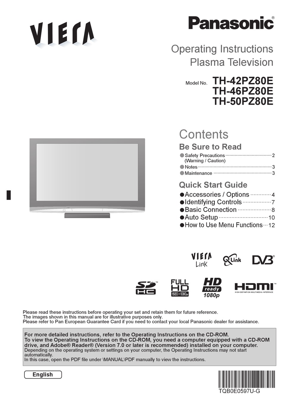 テレビ/映像機器 テレビ PANASONIC VIERA TH-42PZ80E OPERATING INSTRUCTIONS MANUAL Pdf 