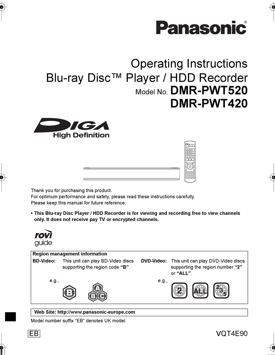 PANASONIC DIGA DMR-PWT420 OPERATING INSTRUCTIONS MANUAL Pdf 