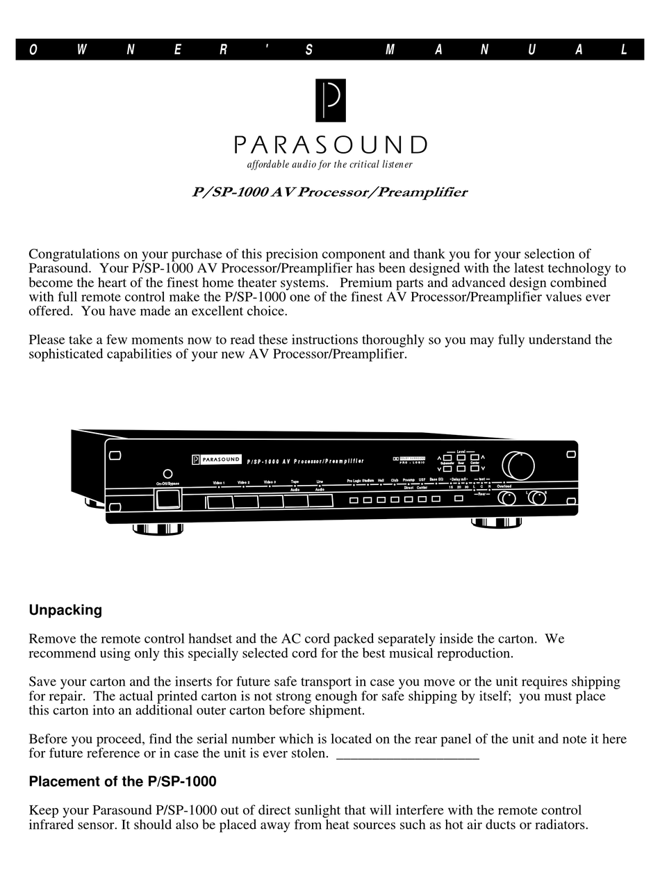 Parasound P Sp 1000 Owner S Manual Pdf Download Manualslib