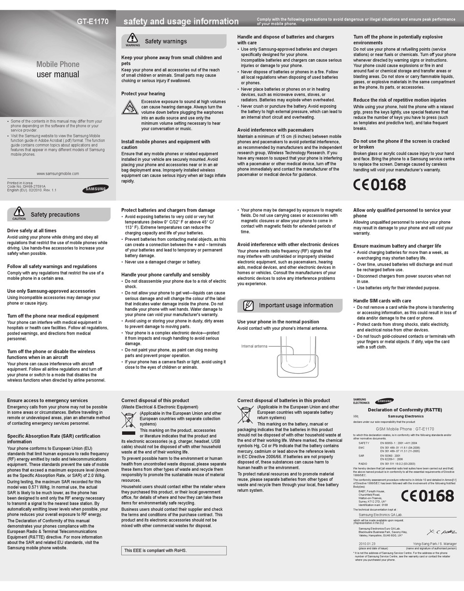 SAMSUNG GT-E1170 USER MANUAL Pdf Download | ManualsLib