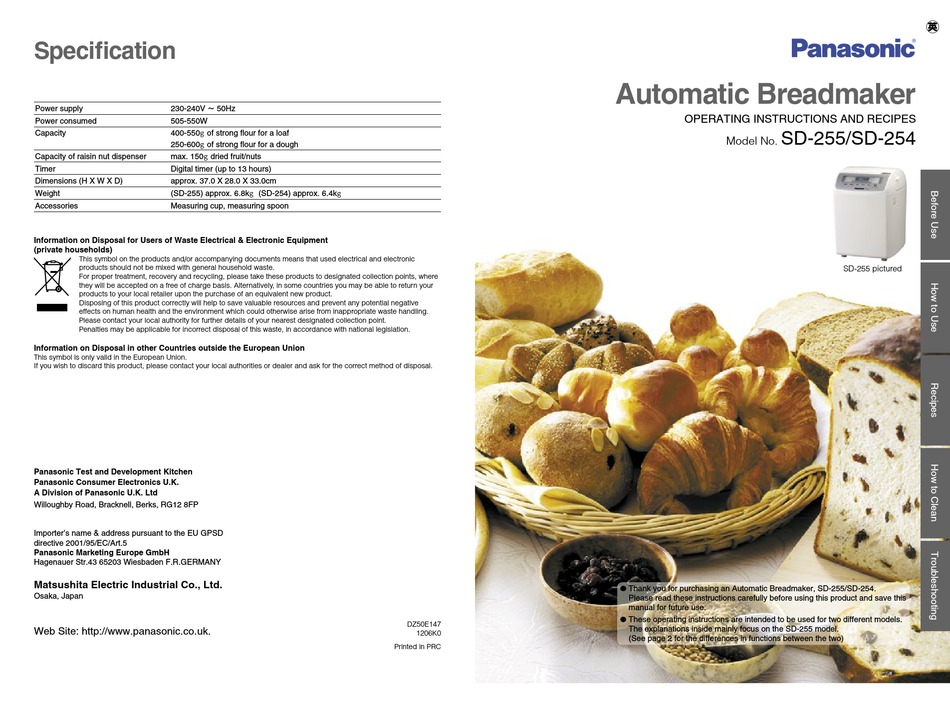 Panasonic Sd 255 Operating Instructions And Recipes Pdf Download Manualslib