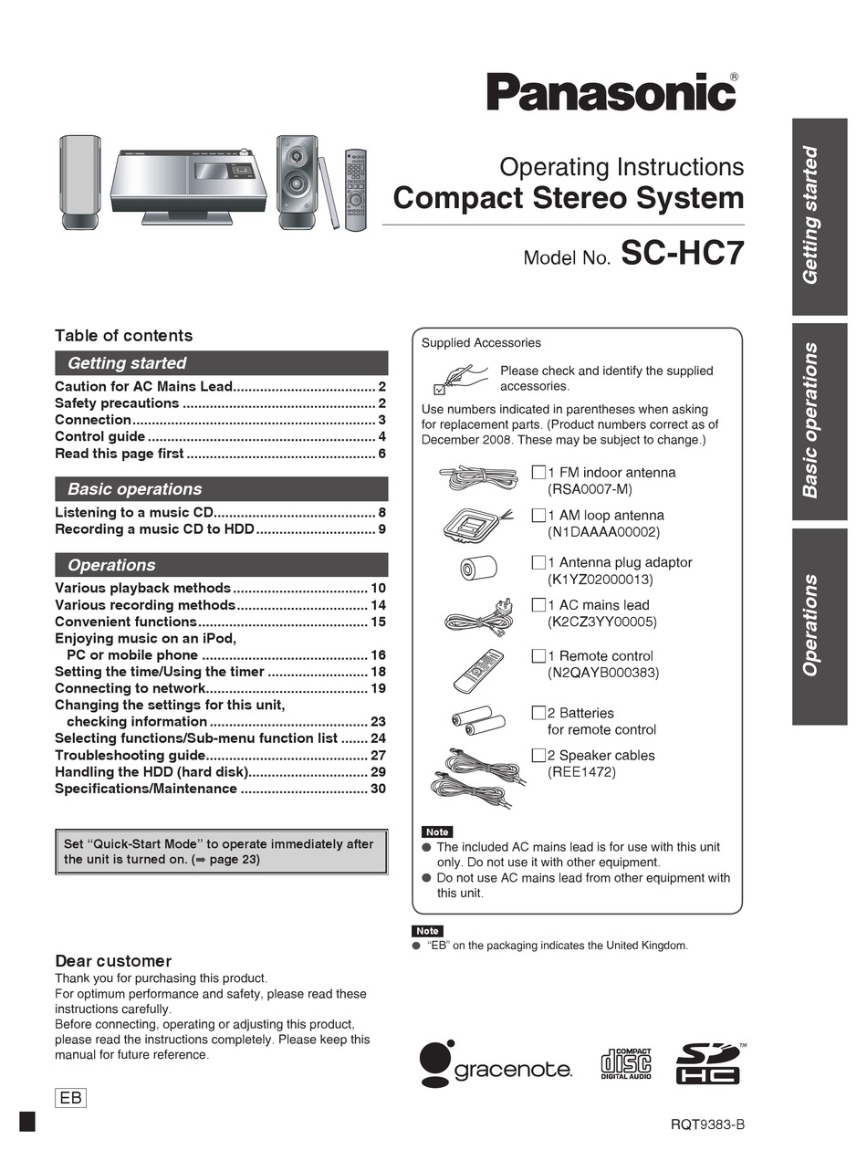 PANASONIC SC-HC7 OPERATING INSTRUCTIONS MANUAL Pdf Download 