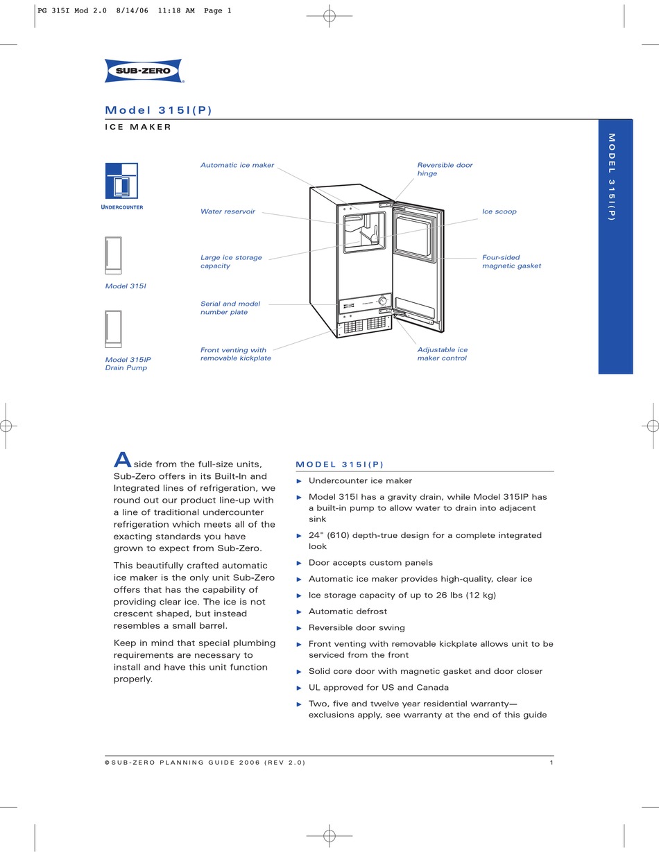 SUBZERO 315I SPECIFICATIONS Pdf Download ManualsLib
