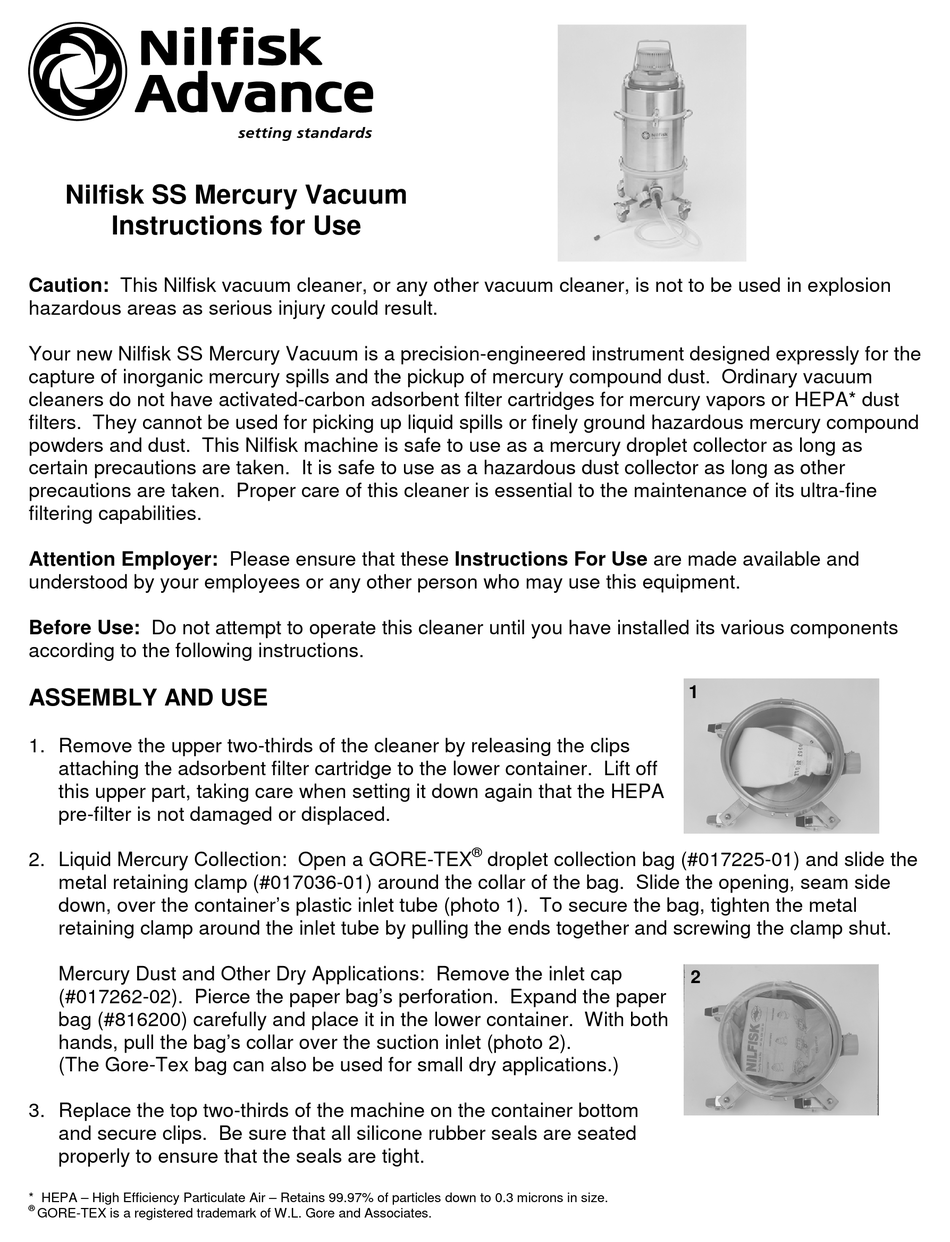 NILFISKADVANCE SS MERCURY VACUUM INSTRUCTIONS FOR USE MANUAL Pdf