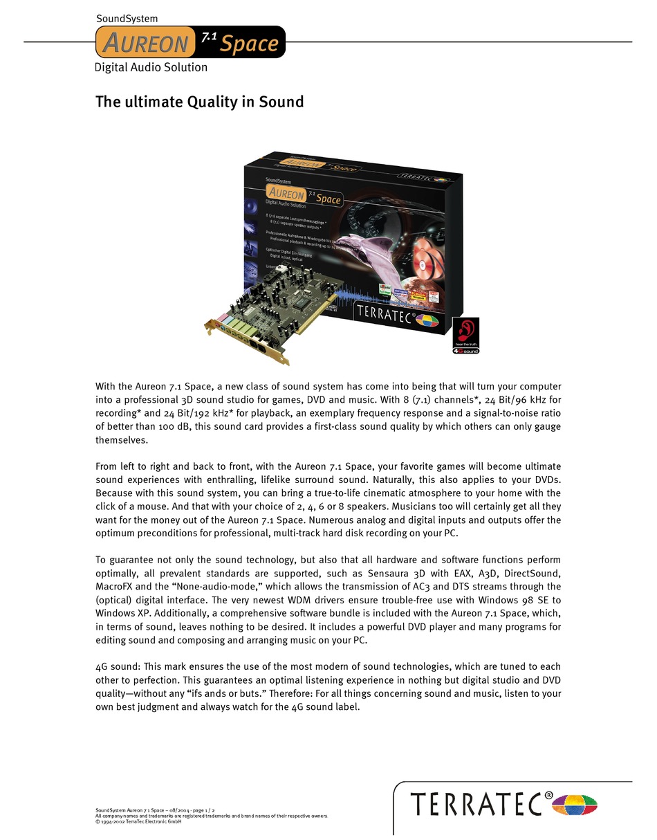 Terratec aureon 7 1 space product information pdf download manualslib