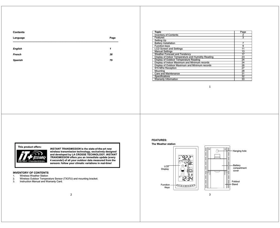 LA CROSSE TECHNOLOGY WIRELESS WEATHER STATION INSTRUCTION MANUAL Pdf