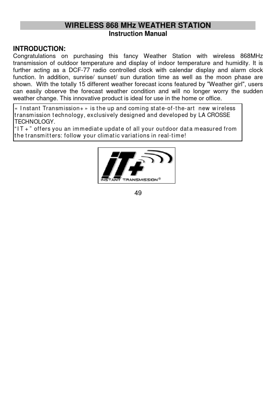 LA CROSSE TECHNOLOGY WIRELESS WEATHER STATION INSTRUCTION MANUAL Pdf