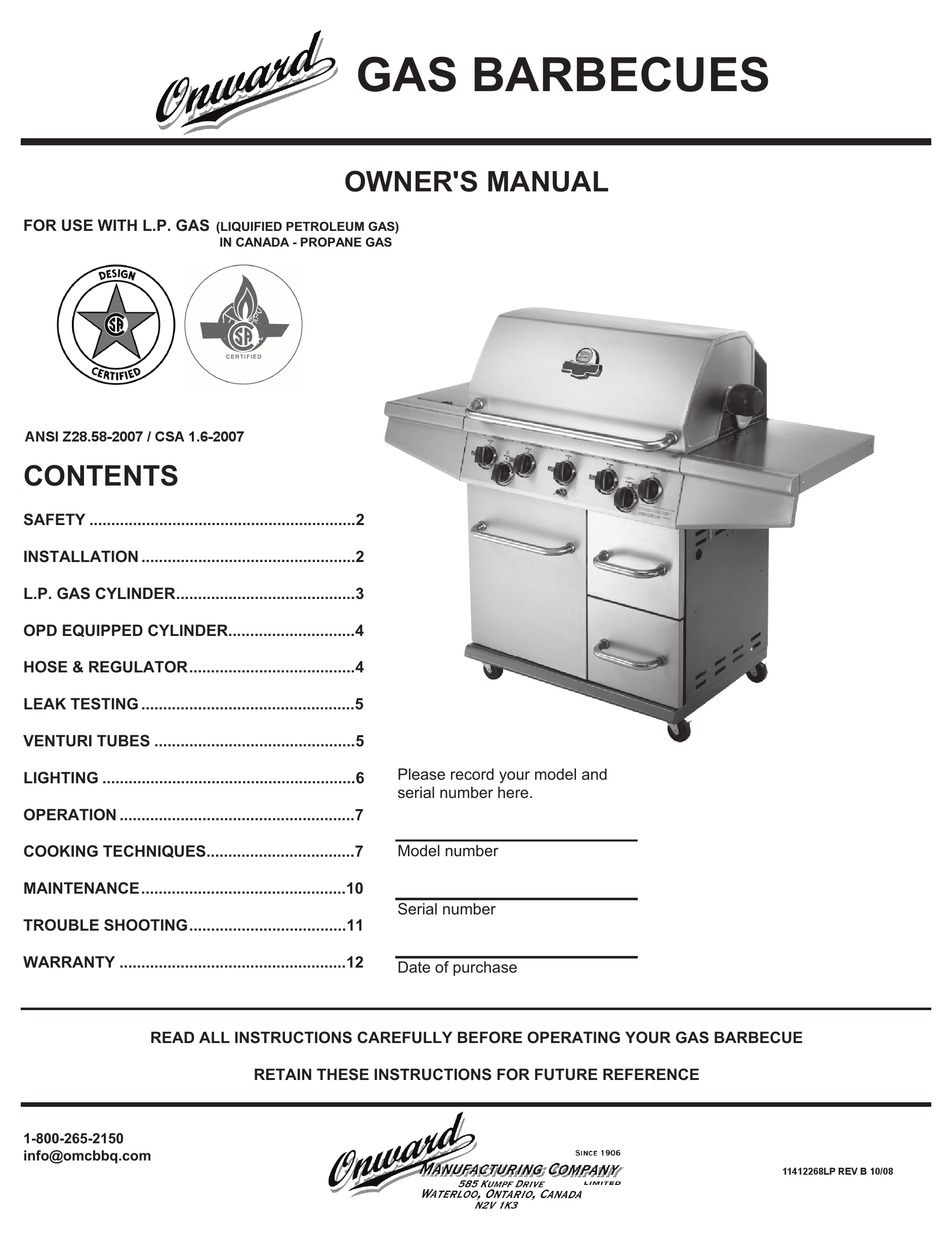 ONWARD GAS BARBECUE OWNER'S MANUAL Pdf Download | ManualsLib