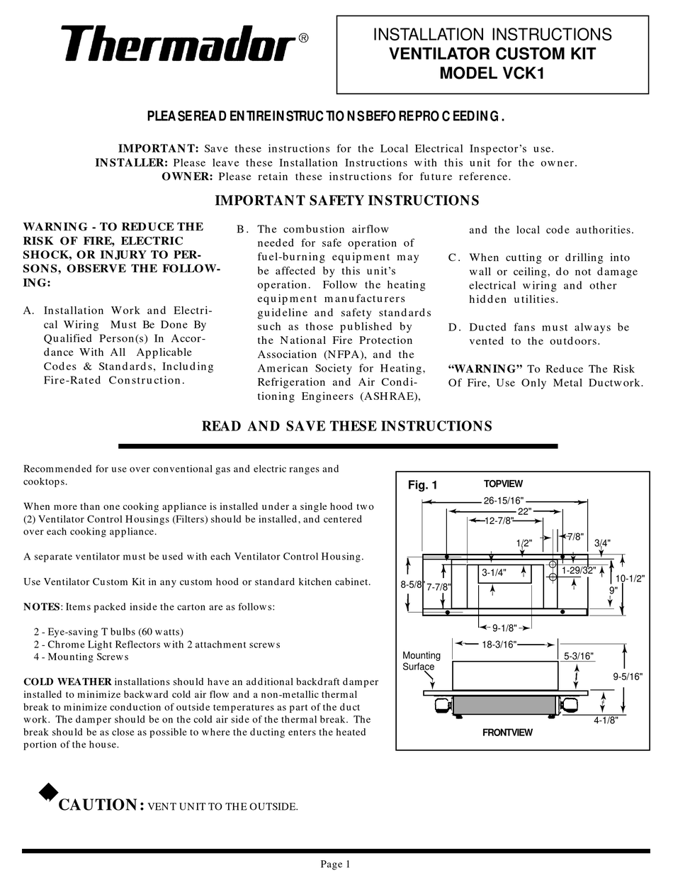THERMADOR VCK1 INSTALLATION INSTRUCTIONS Pdf Download ManualsLib