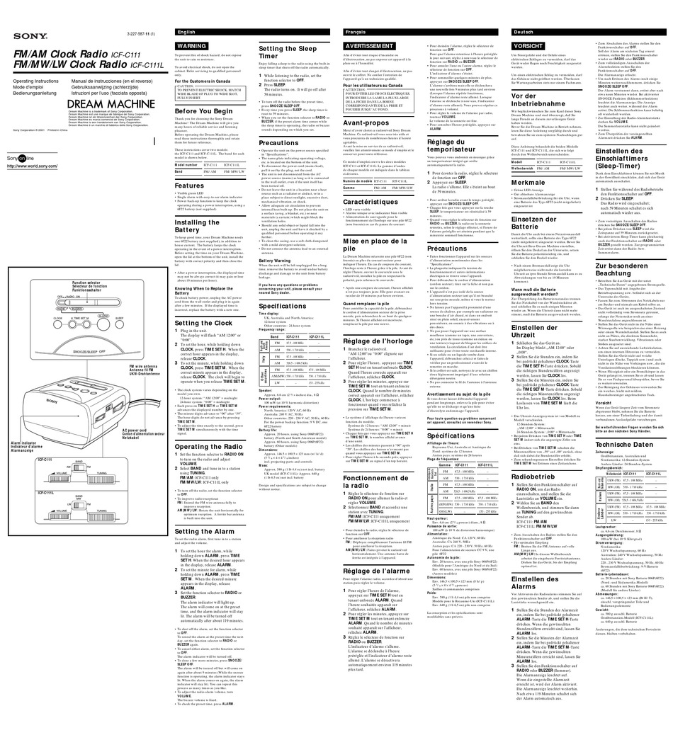 SONY DREAM MACHINE ICFC111 OPERATING INSTRUCTIONS Pdf Download